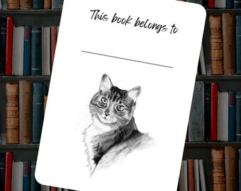 Cat Bookplates, Pencil Drawing of CAT, Set of 12, 3.5" x 5" or 4" x 6", Library, Peel & Stick Labels, Book Worm Gift, Stickers