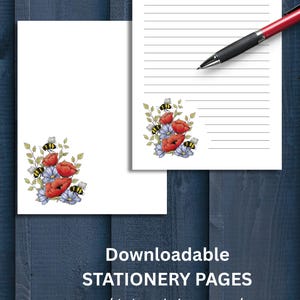 Papelería imprimible, FLORES y ABEJAS, de arte original dibujado a mano, escritura de cartas con y sin líneas, uso comercial, blocs de notas de diseño botánico