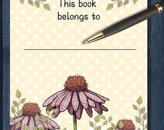 PRINTABLE BOOKPLATES Purple Cone Flowers Floral Art 3.5"x5" Easy to Print Unlimited Printing Book Owner Labels This Book Belongs To