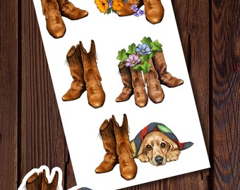 Hand Drawn WESTERN Stickers, Cowboy, Cowgirl BOOTS, Glossy and Waterproof