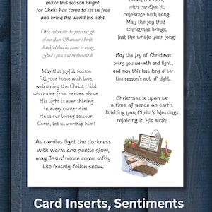 Puede incluir: Insertos de tarjetas blancas con sentimientos navideños y un tema cristiano. La tarjeta presenta varios poemas y una ilustración en acuarela de un piano con velas. El texto incluye frases sobre la paz, la alegría y el nacimiento de Cristo.