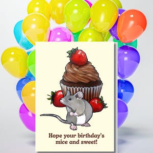 Afdrukbare VERJAARDAGKAART voor KIDS, hoop dat je verjaardag muis en lief is, woordspeling, muis en cupcake, aardbeien, humor, instant download