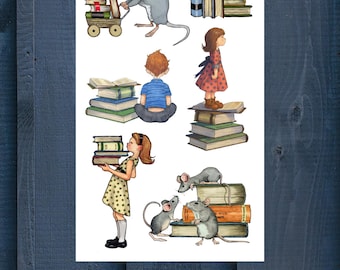 Hand Illustrated Mice & Books Stickers, Kids Clipart (Digital Download)
