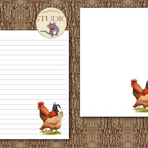 Papelería imprimible: Gallo y gallina, arte original, letras rayadas y sin rayar, uso comercial, descarga digital, crear bloc de notas