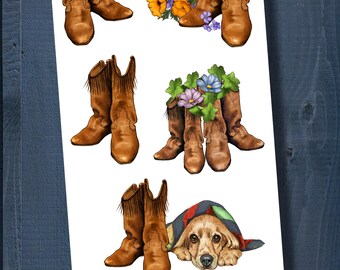 PRINTABLE Stickers, WESTERN Boots, Hand-Drawn Illustrations, Clipart, Digital File