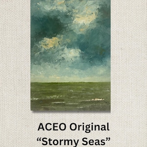 ACEO ORIGINAL, Mer agitée, Cartes à collectionner d'artiste, Mini tableau, Impressionnisme, Objet de collection, Nature, Ciel turbulent sur l'océan, Art de couteau à palette