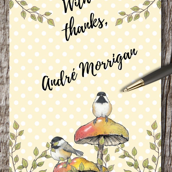 PRINTABLE Author Signature Blank BOOKPLATES Chickadees on Mushrooms Art Polka Dot Background  3.5"x5" EASY  Print Autograph Books Book Fans