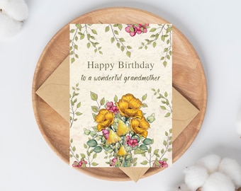 PRINTABLE Birthday for GRANDMOTHER Card with Colorful Flowers, Mushrooms, Tiny Dots, Print, Cut, Fold, Floral Freehand Art, Grandma Birthday