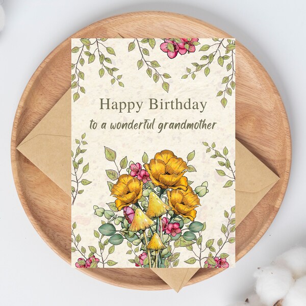 PRINTABLE Birthday for Grandmother Card with Colorful Flowers, Mushrooms, Tiny Dots, Print, Cut, Fold, Floral Freehand Art, Grandma Birthday