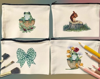 Zipper Pouch, Original Illustrations, Cosmetic Makeup Bag, Snack Bag, Cotton, Ships to Canada Only