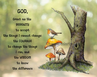 PRINT SERENITY Prayer From ORIGINAL Nature Art Illustration with Robin Toadstools and Tree Christian Faith Religious