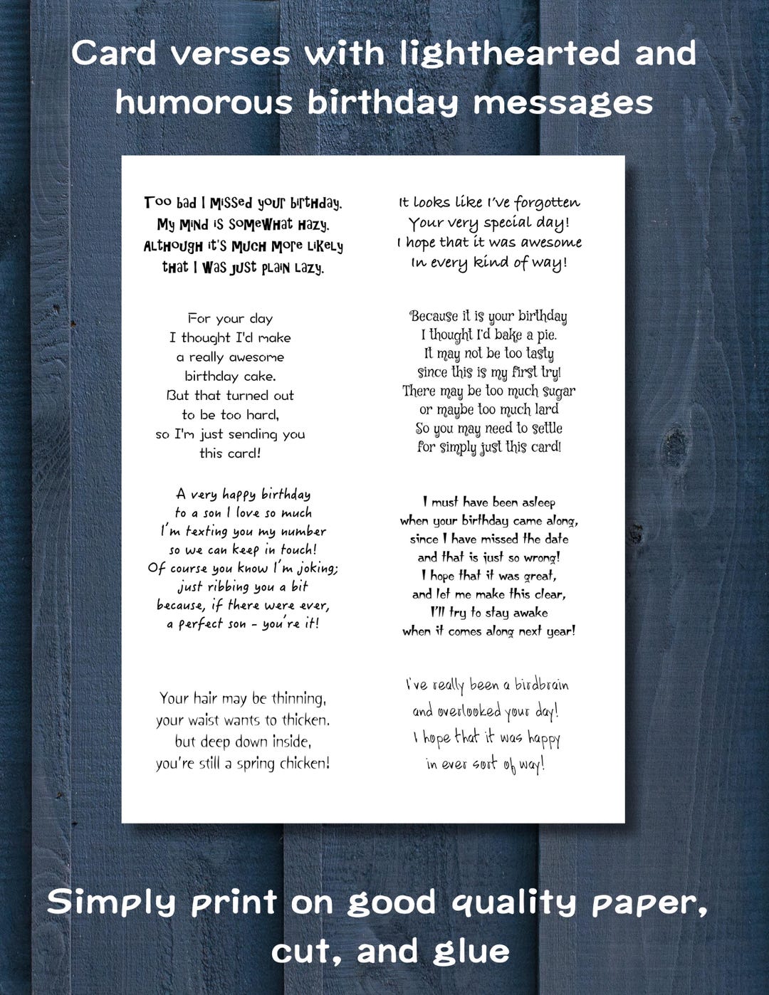 Printable Card Insert VERSES, Humorous and Belated BIRTHDAY Themes ...