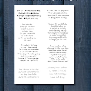 May include: A printable card with humorous birthday messages. The card features various verses with lighthearted and funny sentiments. The text is in a handwritten style, perfect for a unique birthday greeting.