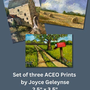 Impressions ACEO, lot de 3, vieux moulin à farine en pierre, balles de foin, boîte aux lettres rouge, cartes à collectionner d'artiste, cartes d'art, été à la campagne, peintures, objet de collection