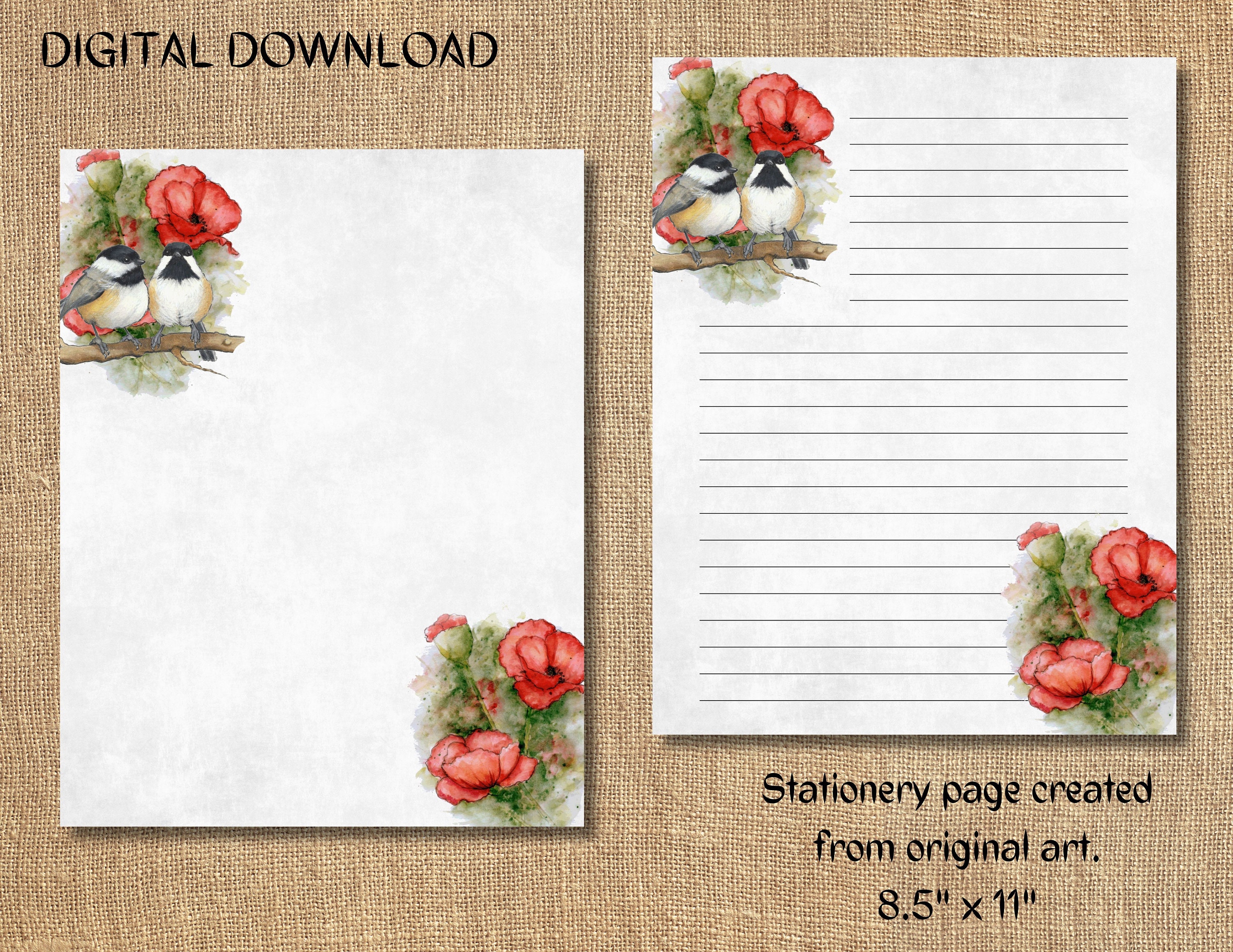 Stationery Printable POPPIES and CHICKADEES From Original - Etsy