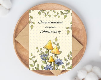 ANNIVERSARY Card PRINTABLE with BLUE Flowers, Mushrooms, Tiny Dots, Print, Cut and Fold, Congratulations, Floral Freehand Art Download