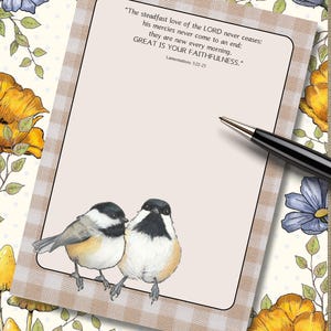 May include: A beige and white checkered background with a quote about the steadfast love of the Lord. The quote is from Lamentations 3:22-23. Two black-capped chickadees are perched on a branch at the bottom of the image.