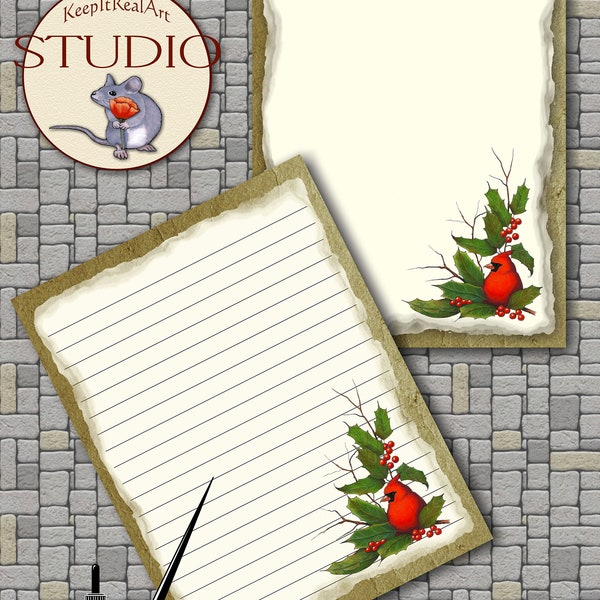 Christmas Stationery, Printable, Cardinal Bird, Holly, Twigs, From Hand Drawn Art, Lined, Unlined, Letter Writing, Digital, Commercial Use