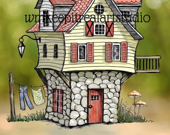 PRINT Home Sweet Home Poster From ORIGINAL Art Illustration of Crooked Fantasy House with Mushrooms and Laundry Digital Freehand Drawing