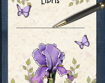 BOOKPLATES with Purple IRIS Flower and Butterflies Set of 10 or 20, Ex Libris, Library, Peel and Stick Labels, Original Freehand Artwork