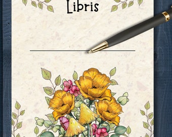 BOOKPLATES with Original Floral Botanical ART Set of 10 or 20, Ex Libris, Library, Peel and Stick Labels, Flowers and Mushrooms, Leaves