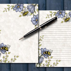 Papelaria para impressão ABELHAS e FLORES Azuis, Desenhado à mão, ARTE, Alinhado, Sem linhas, Escrita de letras, Uso comercial, Insetos, Faça blocos de notas