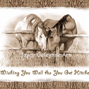 TARJETA DE BODA Felicitaciones de boda occidental Dos caballos acurrucándose USTED IMPRIMA Descarga digital instantánea Tarjeta de boda sepia Dibujada a mano
