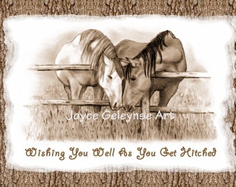 Western Wedding Card: Two Horses Nuzzling, Sepia Hand Drawn (Digital Download)