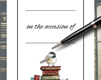 BOOKPLATES for Presentation, Chickadee Perched on Books, Set of 12 or 20, Presented to On the Occasion of, Opaque Peel & Stick Labels