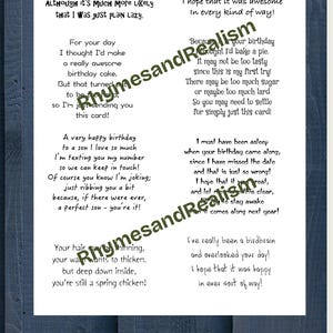 May include: A white rectangular sheet featuring eight distinct humorous birthday poems printed in black text. The verses include phrases like Too bad I missed your birthday, It looks like I've forgotten, and Your hair may be thinning.