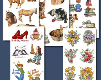 Hand Illustrated Sticker Pack, Horses, Cats, Flowers, 30 pc