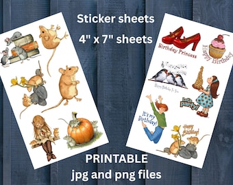 Hand Drawn Printable STICKERS, BIRTHDAY Theme & MICE, Print and Cut, Clipart Illustrations  Commercial Use