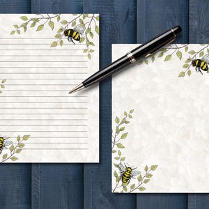 Papelería imprimible: ABEJAS y HOJAS, de arte dibujado a mano, con líneas y sin líneas, para escribir, uso comercial, insectos, naturaleza, miel, para crear un bloc de notas.