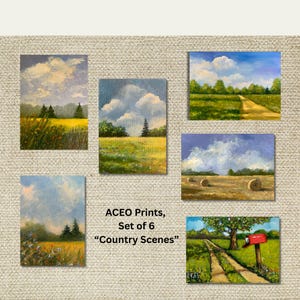 ACEO Prints, Set of SIX "Country Scenes" Print, Artist Trading Cards, Tiny Art Prints, Art Cards, Landscape Paintings, Collectible Art