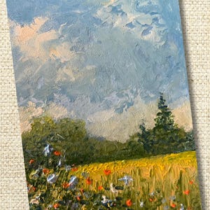 IMPRESSION ACEO, champ et fleurs sauvages, journée d'été ensoleillée, peinture au couteau, carte à collectionner d'artiste, carte d'art, impressionnisme, objet de collection