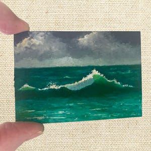 ORIGINAL ACEO, paysage marin turbulent avec grande vague, peinture au couteau, carte à collectionner d'artiste, carte d'art, impressionnisme, objet de collection