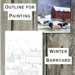 Gemälde Umriss, Winter Barnhof mit KÜHEN, digitaler Download PDF