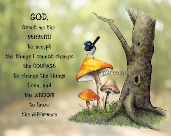 PRINT: SERENITY Prayer From ORIGINAL Nature Art Illustration with Bird Toadstools and Tree Christian Faith Fits Inside 8 x 10 Mat