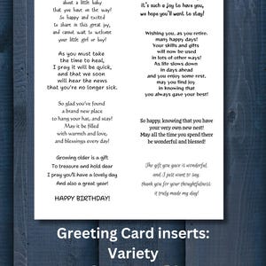 Puede incluir: Insertos de tarjetas de felicitación con varios mensajes. La imagen incluye textos para un bebé, una pronta recuperación, jubilación y cumpleaños. La parte inferior de la imagen tiene el texto "Greeting Card inserts: Variety" con ilustraciones de mariquitas.