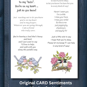 May include: A white card featuring printed sentiments and bird illustrations. The card includes phrases such as "You're on my heart" and "I'm here for you." The bottom of the card reads "Original CARD Sentiments Caring for You Plus Clipart of Birds."