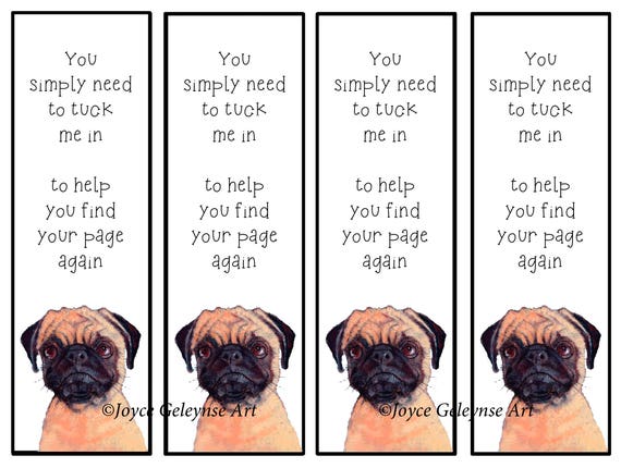 Items similar to Printable Bookmarks, PUG Puppy Bookmark, Kid's ...