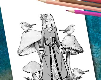 Grayscale COLORING Page Fantasy Art Original FREEHAND Illustration Mushroom Princess and Birds Commercial Use Digital Download