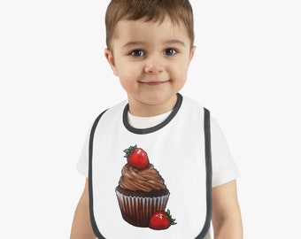 CUPCAKE BIB for Baby, Chocolate Cupcake with Strawberries, Original Freehand Art Illustration New Baby Gift, Baby Shower Gift