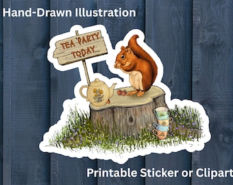 Printable SQUIRREL at TEA PARTY Illustration, Make Stickers, Cards, Sublimation Projects, Etc. (Digital Download)