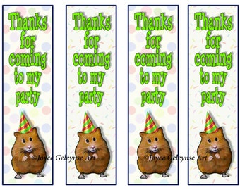 Hamster with Party Hat, Printable Bookmarks, Thanks for Coming, Kids Party Favors, Original Art, Instant Digital Download, You Print