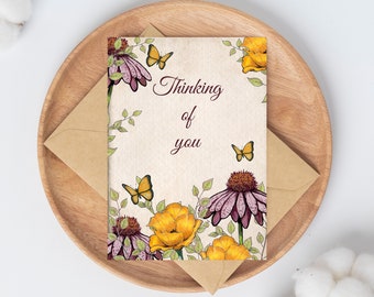 PRINTABLE THINKING of YOU Card with Periwinkle Flowers, Mushrooms, Tiny Dots, Print, Cut, Fold, Floral Freehand Art, Digital Download