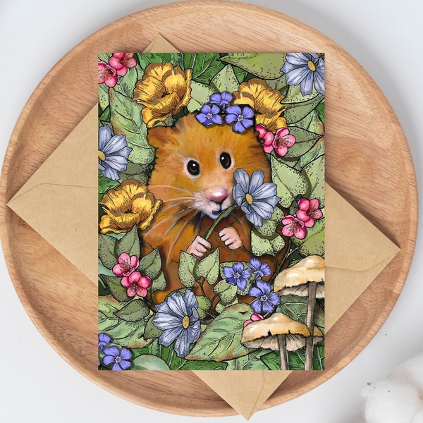 PRINTABLE All Occasion CARD with Cute HAMSTER Surrounded by Flowers and Leaves, Hamster in Garden, Freehand Art Greeting Card to Print