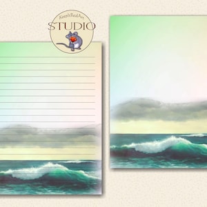 Papelaria para impressão, Onda do oceano, DE ARTE ORIGINAL pintada à mão, pautada, sem pauta, escrita de cartas, uso comercial, paisagem marinha, faça blocos de notas