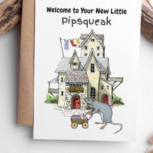 Nouvelle carte de bébé imprimable et cliparts, Welcome New Little Pipsqueak, souris avec landau, Wonky House, illustré à la main, téléchargement immédiat