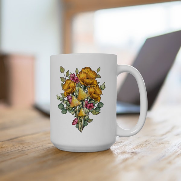 Botanical Illustration Ceramic MUG 11oz or 15oz, Coffee Cup with Floral Art, Mushrooms and Flowers, Pink, Yellow, Green, Gardener Gift
